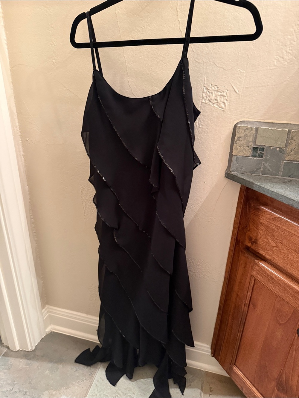 Black Ruffle-Detail Maxi Dress with Slim Straps